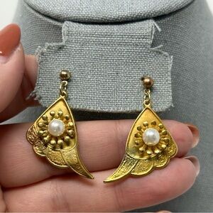 Gold Tone Lightweight Fan Lotus Floral Stud Dangle Earrings with Faux Pearl